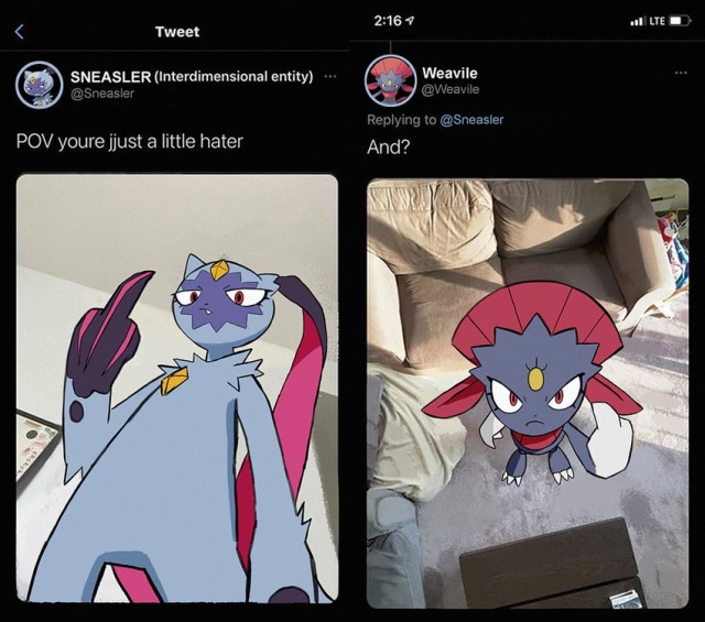 Sneasler, flipping the camera off at a low angle: POV you're just a little hater. Weavile, flipping the camera off at a high angle: And?