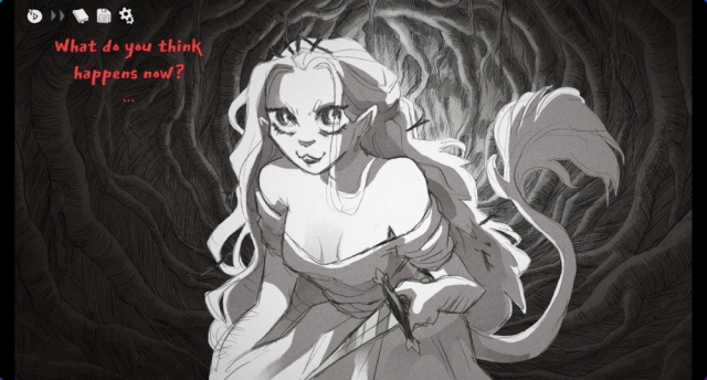 A rather furry Princess from "Slay the Princess" aiming the omnipresent dagger at you and asking, "What do you think happens now?"