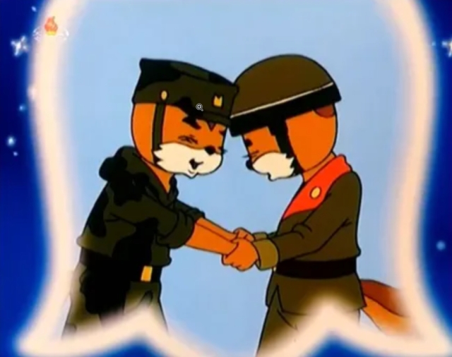 Golden and Striped Squirrel in different military uniforms holding hands and cuddling standing surrounded by stars like bros, somewhere between the 18th and 25th episodes of Squirrel and Hedgehog.