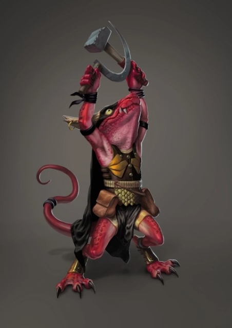 little red taily scaly dude holding aloft a hammer and sickle