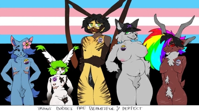 Five furries in front of the trans flag: A blue feline with a flower in their hair, with a nonbinary "they/theme" pin, masectomy scars, and male genitalia; a long-eared white feline with green hair, a "hey/they" pin, masectomy scars, nipple piercings, and fluffy female genitalia; a tall bee with a "she/her" pin, a flat chest with no scars, and female genitalia; a large-breasted wolf in a cap with a "they/them" pin and male genitalia; and a rainbow-haired strange creature with breasts, furry female genitalia, and a "he/him" pin. Beneath them all is the caption, "Trans bodies are beautiful and perfect."